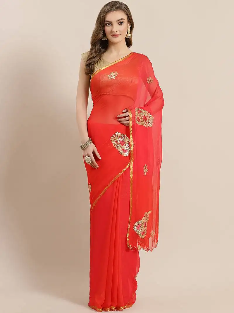 Coral red gota patti hand embellished chiffon sustainable saree