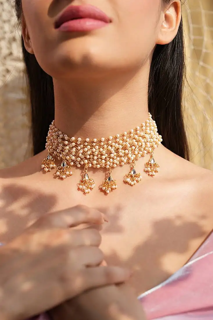 Varnika layered pachi kundan pearl choker necklace with gold beaded pendants