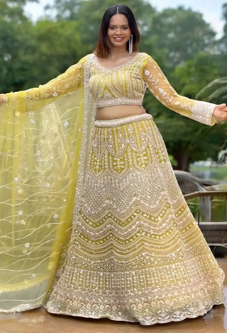 Beads cutdana lemon yellow handwork couture lehenga