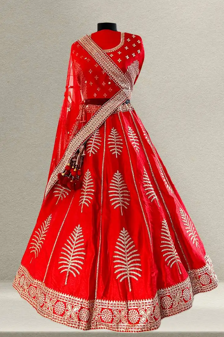 Royal red raw silk lehenga with unstitched blouse