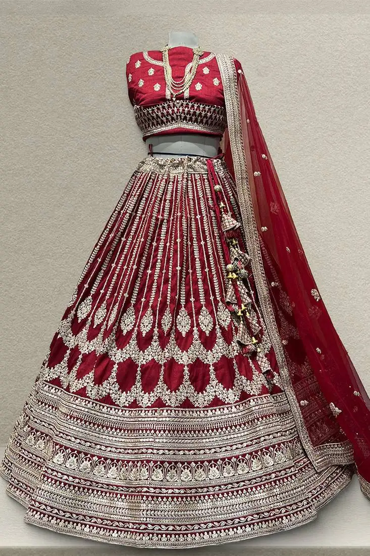 Royal maroon raw silk lehenga with unstitched blouse