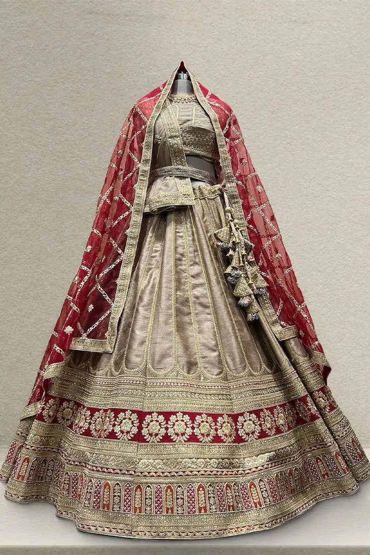 Double dupatta raw silk chiku designer lehenga with unstitched blouse