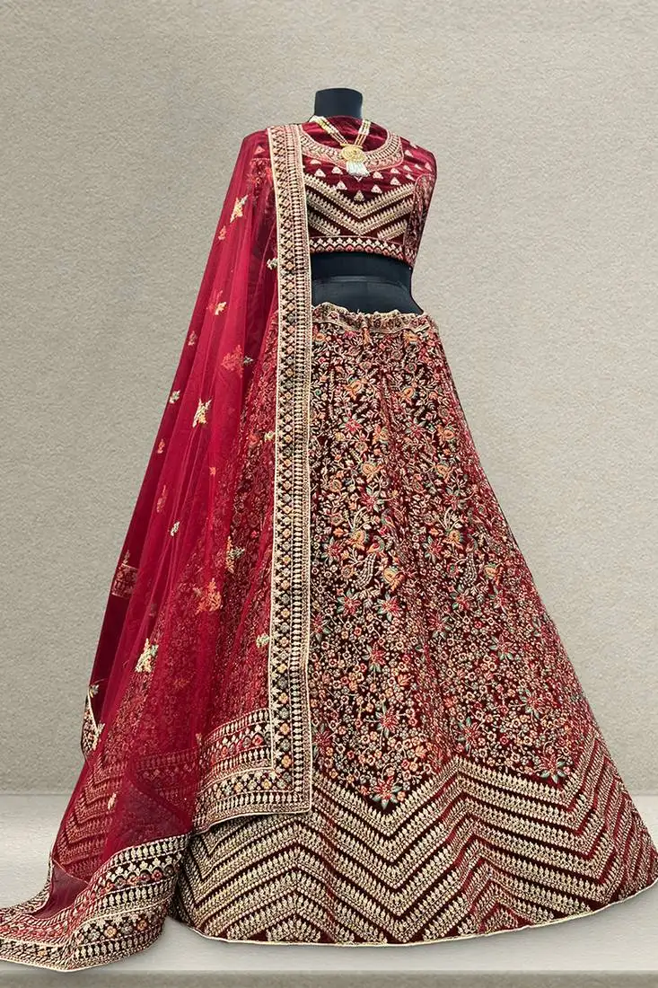 Kashmiri work royal maroon lehenga with unstitched blouse