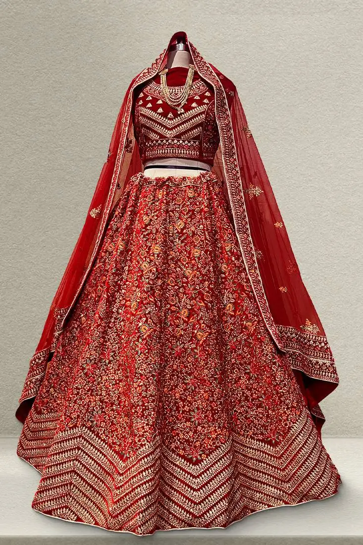 Kashmiri work royal red lehenga with unstitched blouse