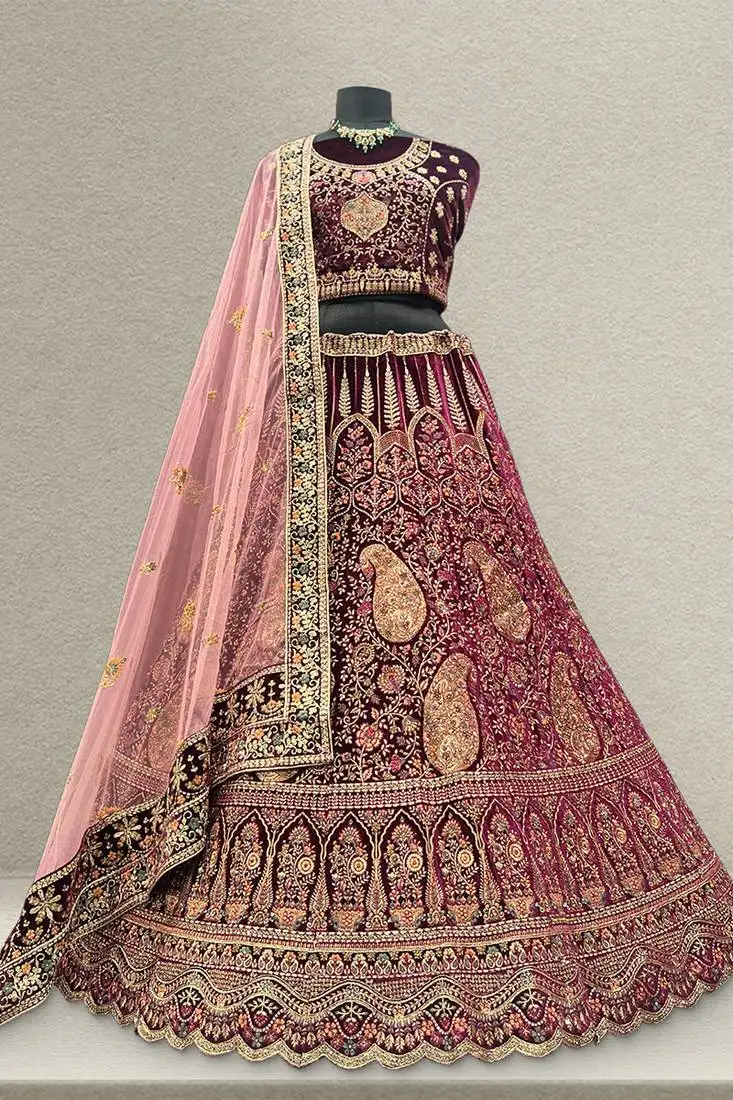 Kashmiri work deep wine lehenga with unstitched blouse