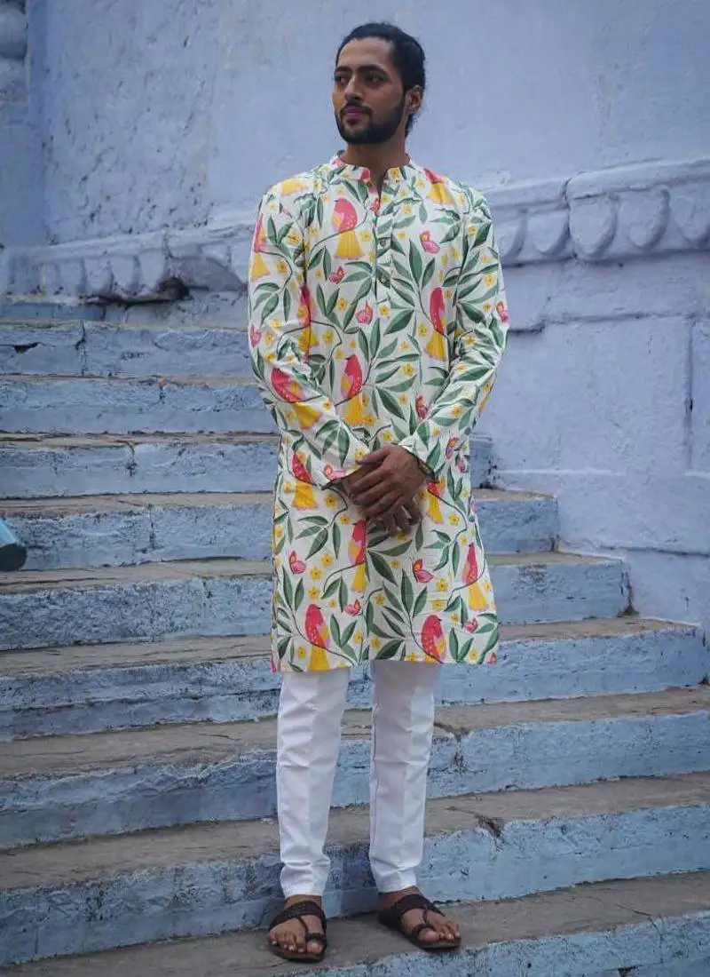Multicolor cotton full sleeve floral royale kurta for mens