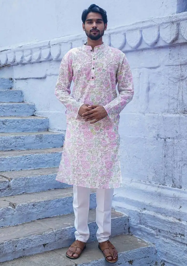 White cotton full sleeve petal grace kurta for mens