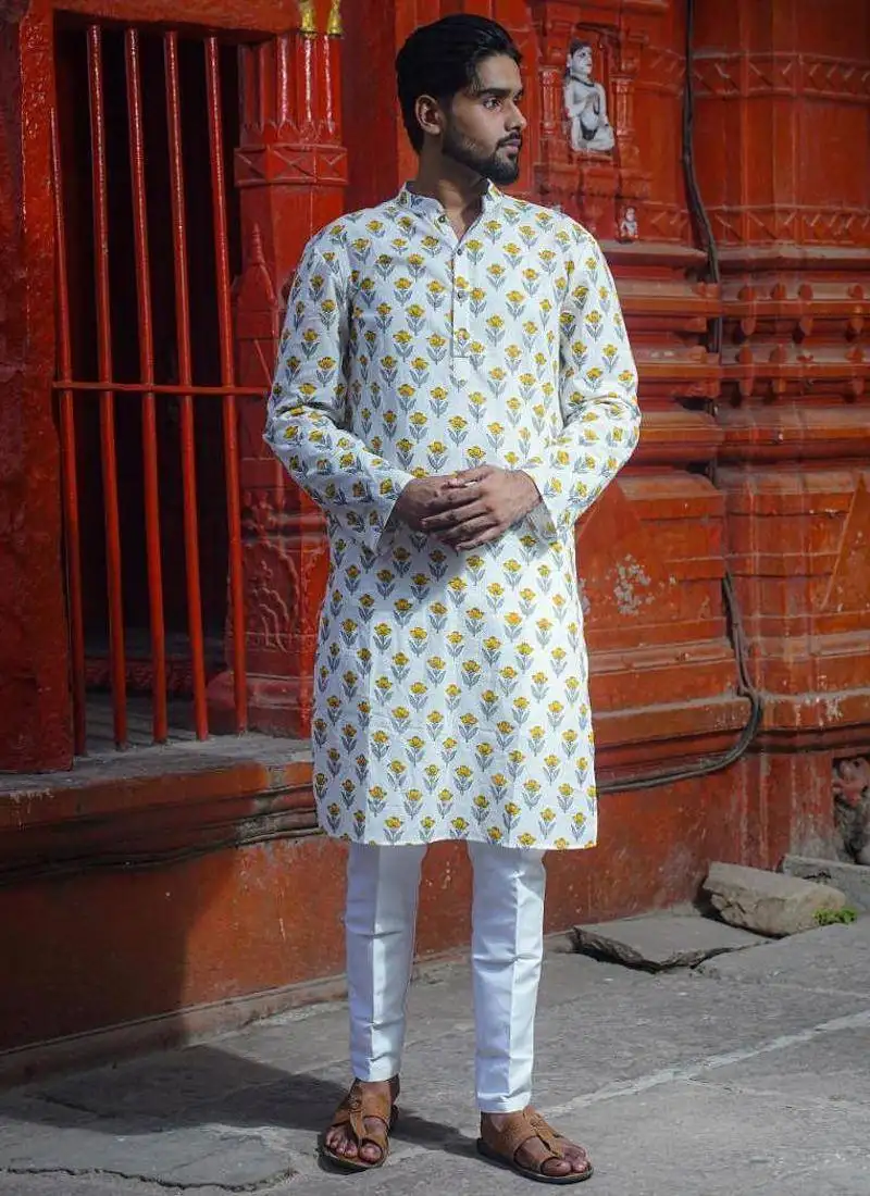 White cotton full sleeve kashi block kurta for mens