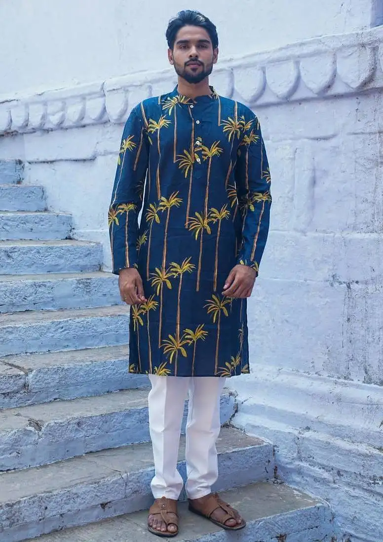 Navy blue cotton full sleeve palm paradise kurta for mens