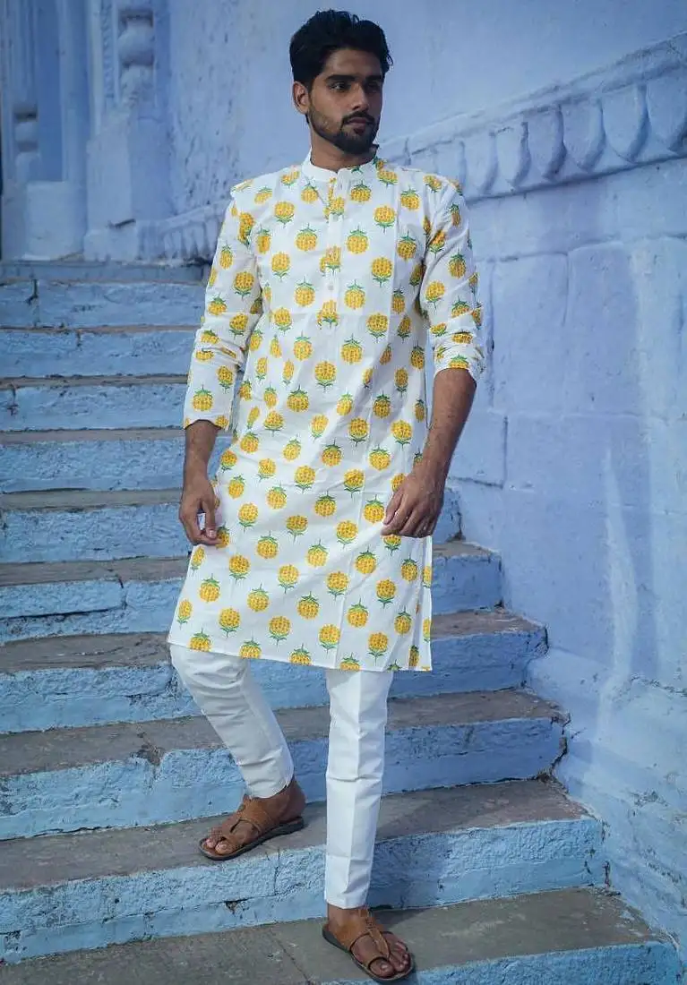 White cotton full sleeve white bud kurta for mens