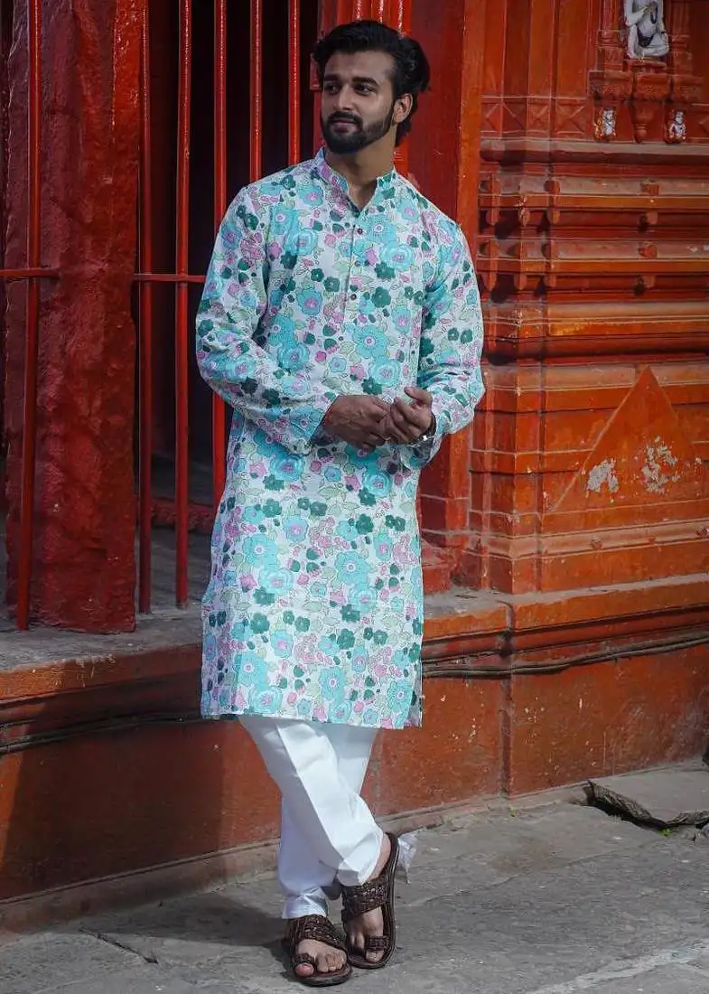 Sky blue cotton full sleeve blushing sky handblock kurta for mens