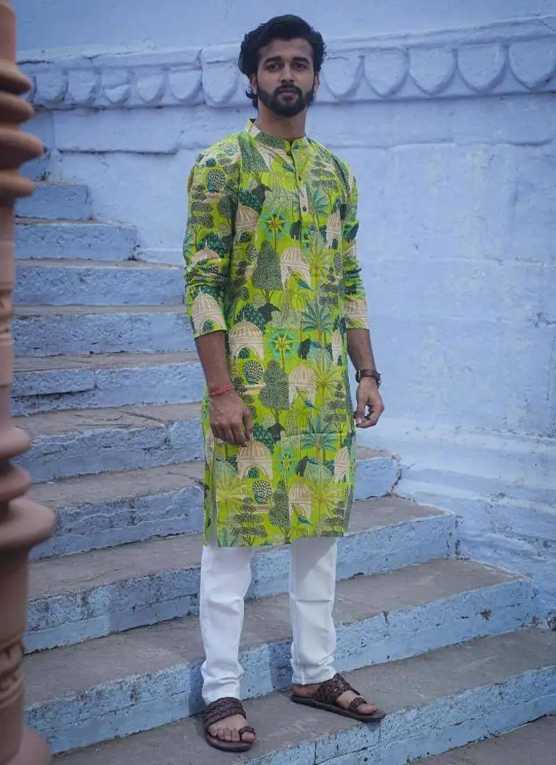Green cotton full sleeve peacock green kurta for mens