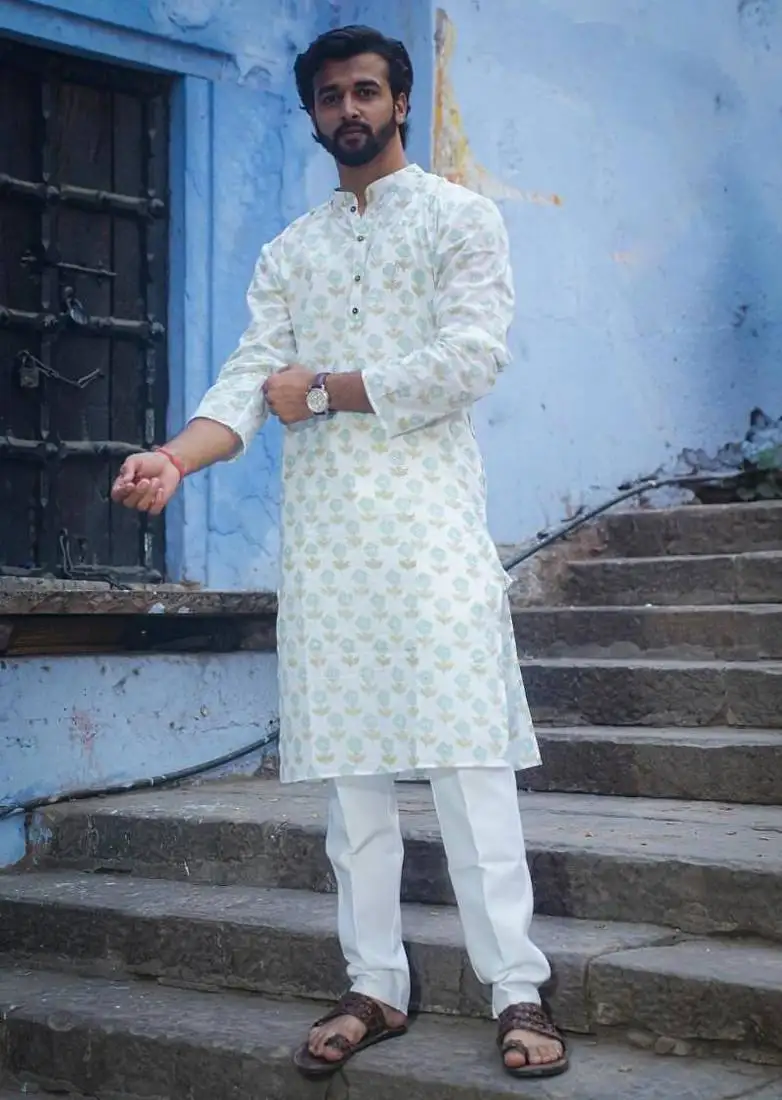 White cotton full sleeve snow petal kurta for mens
