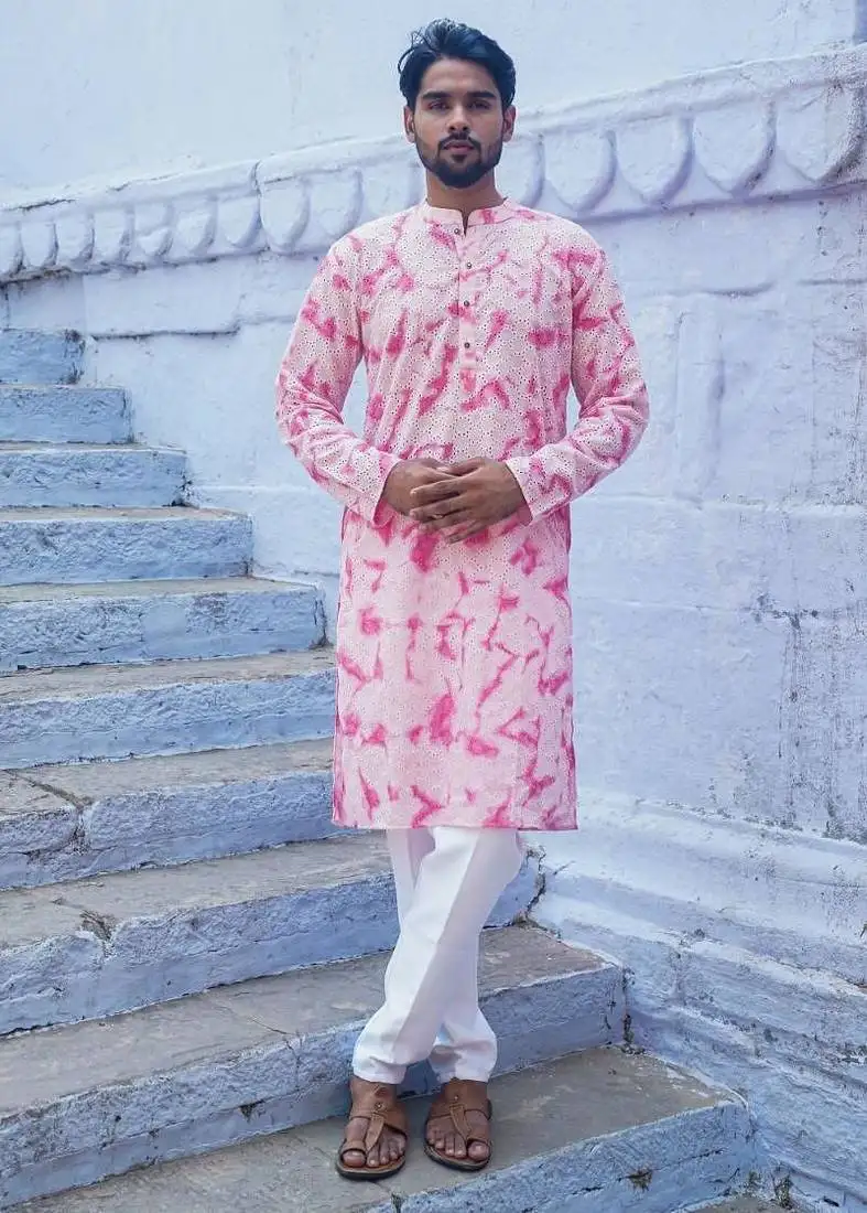 Pink cotton full sleeve blush fusion kurta for mens