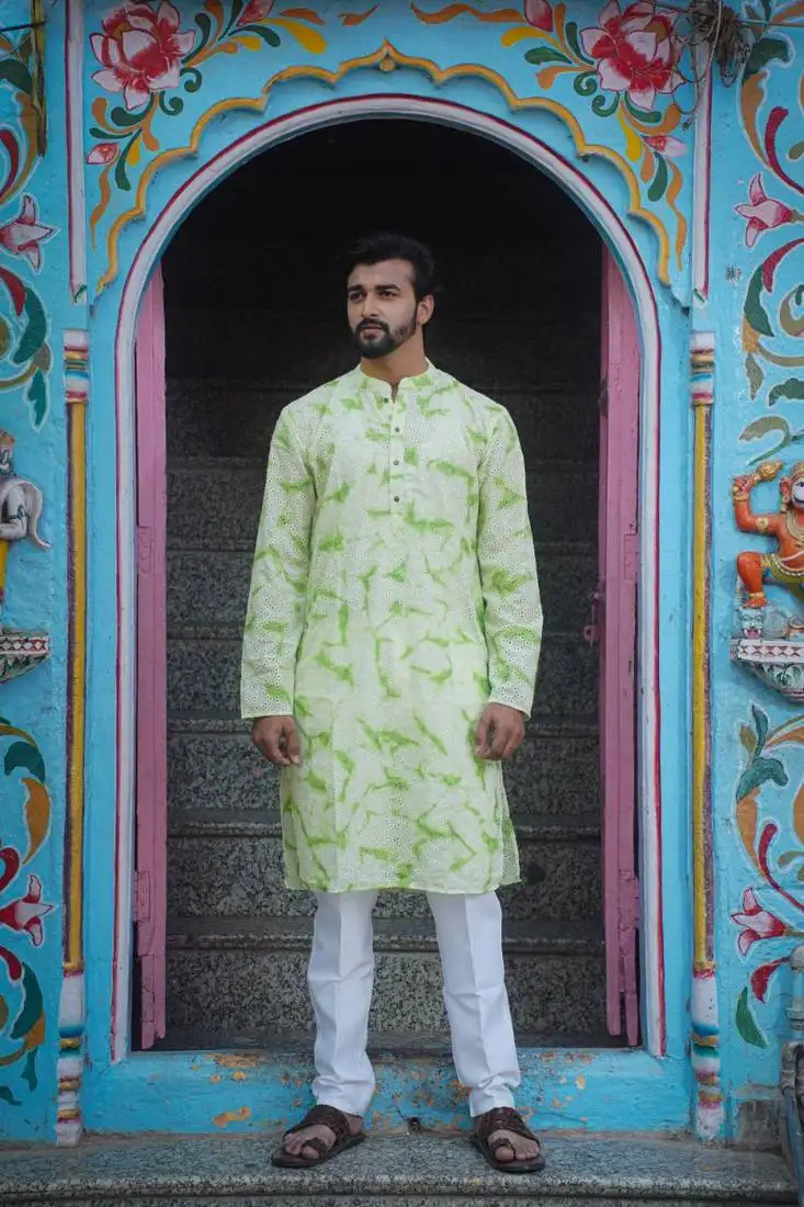 Green cotton full sleeve mint serenade kurta for mens