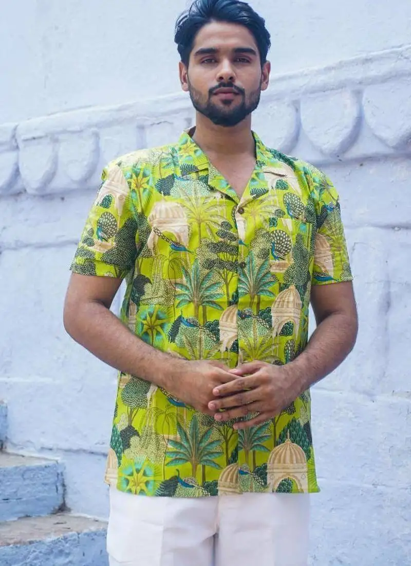 Green cotton half sleeve jungle explorer shirt for mens