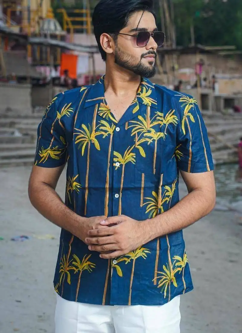 Navy blue cotton half sleeve bamboo oasis shirt for mens