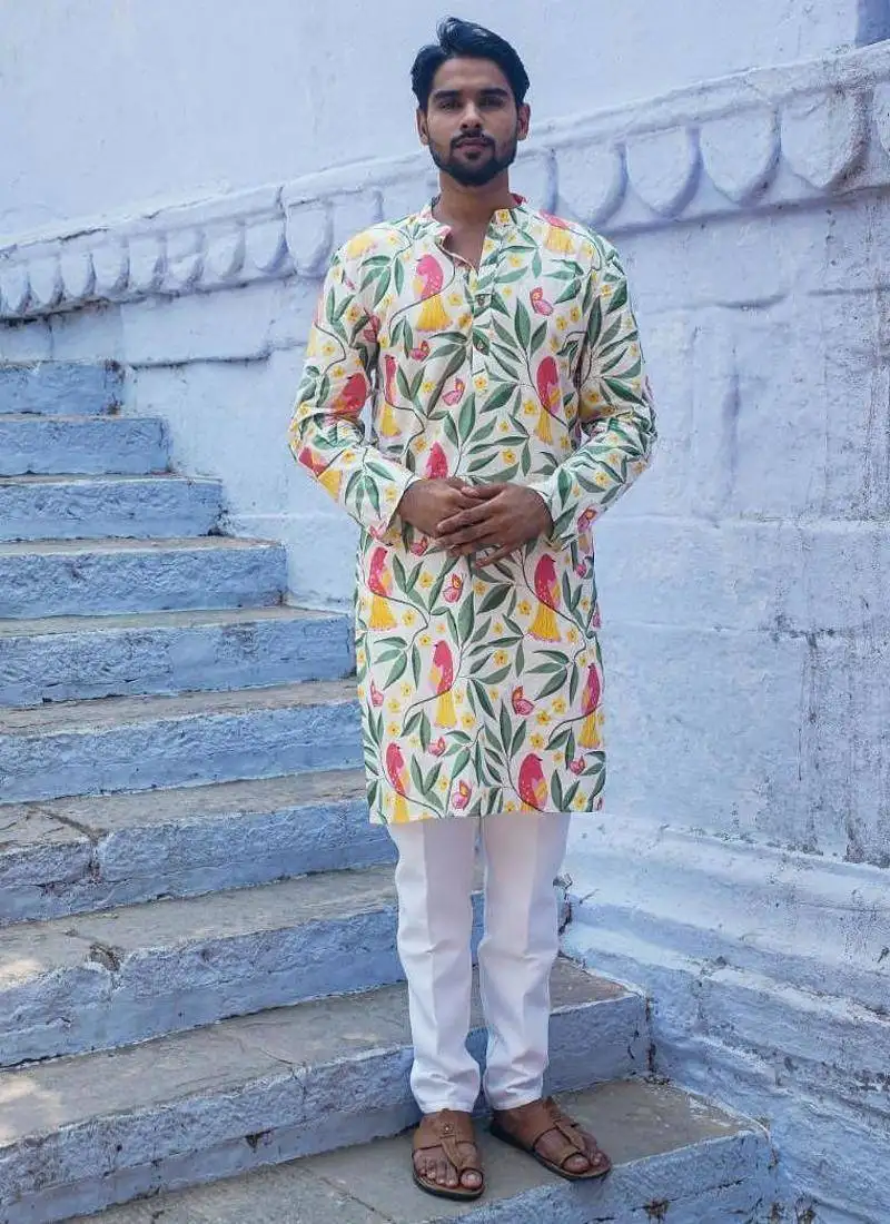 Multicolour cotton full sleeve blossom elegance ensemble kurta pajama for mens