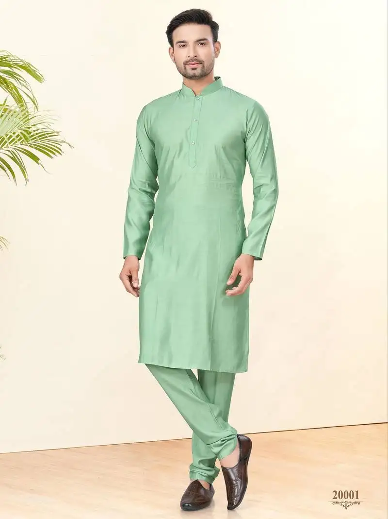 Light green silk plain kurta pyjama for mens wear