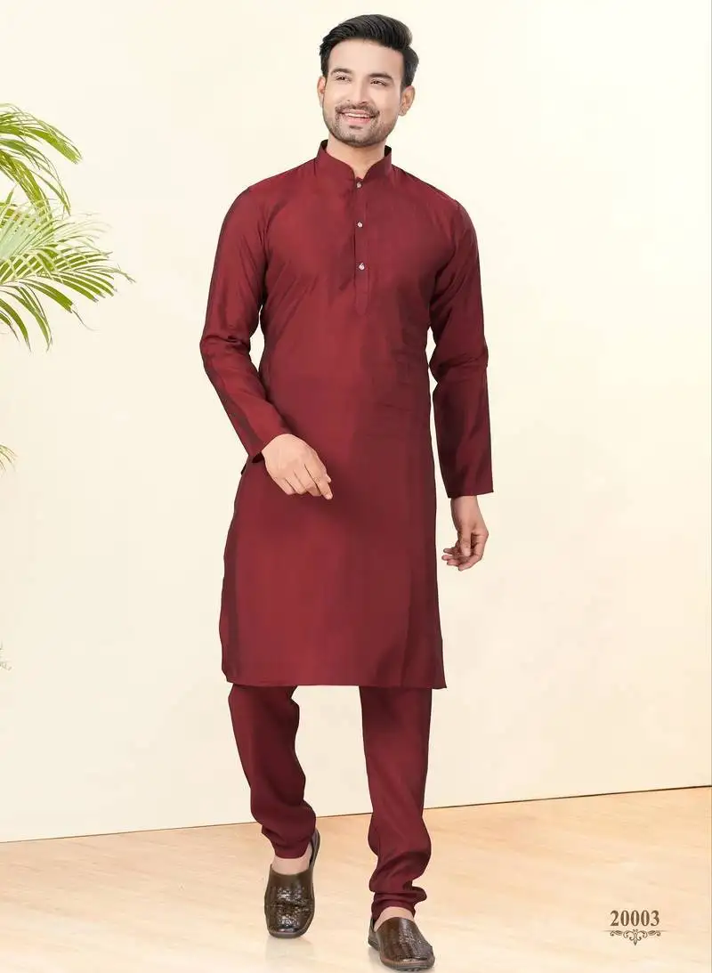 Maroon silk plain kurta pyjama for mens wear