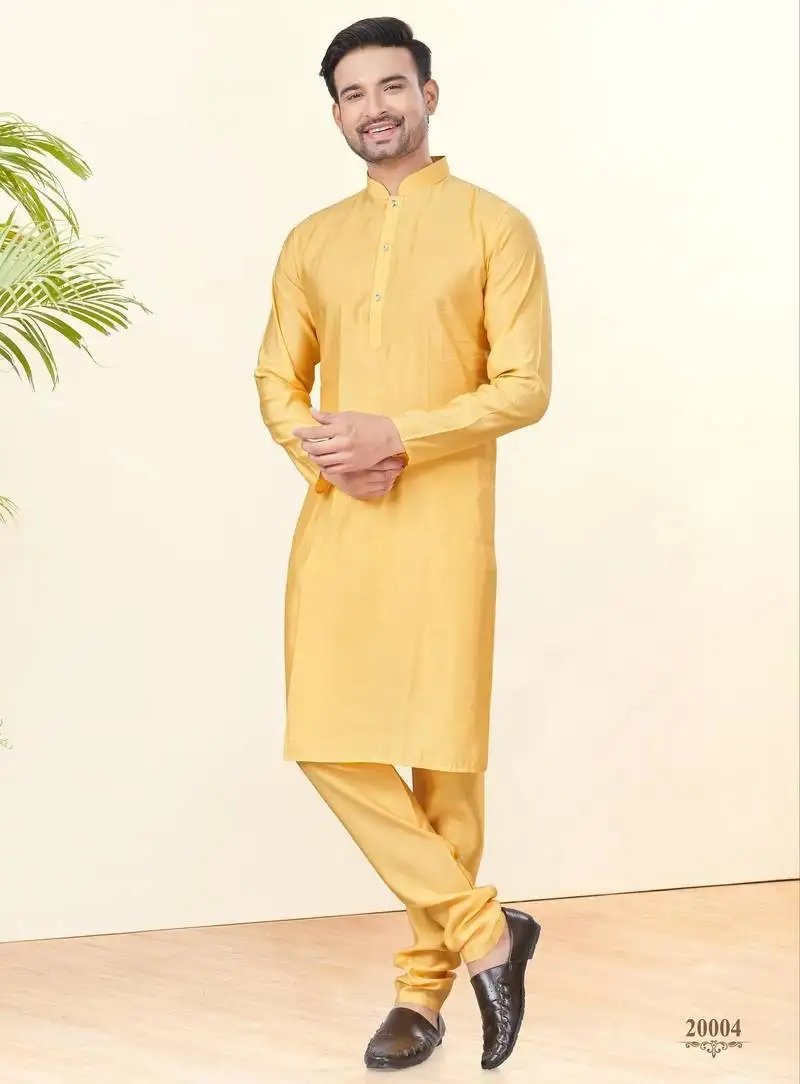 Yellow silk plain kurta pyjama for mens wear