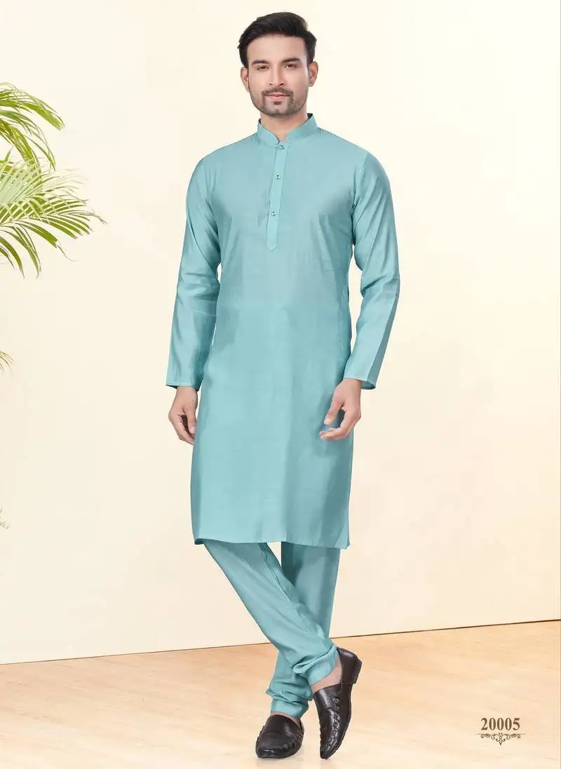 Sky blue silk plain kurta pyjama for mens wear