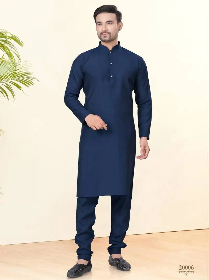 Neavy blue silk plain kurta pyjama for mens wear