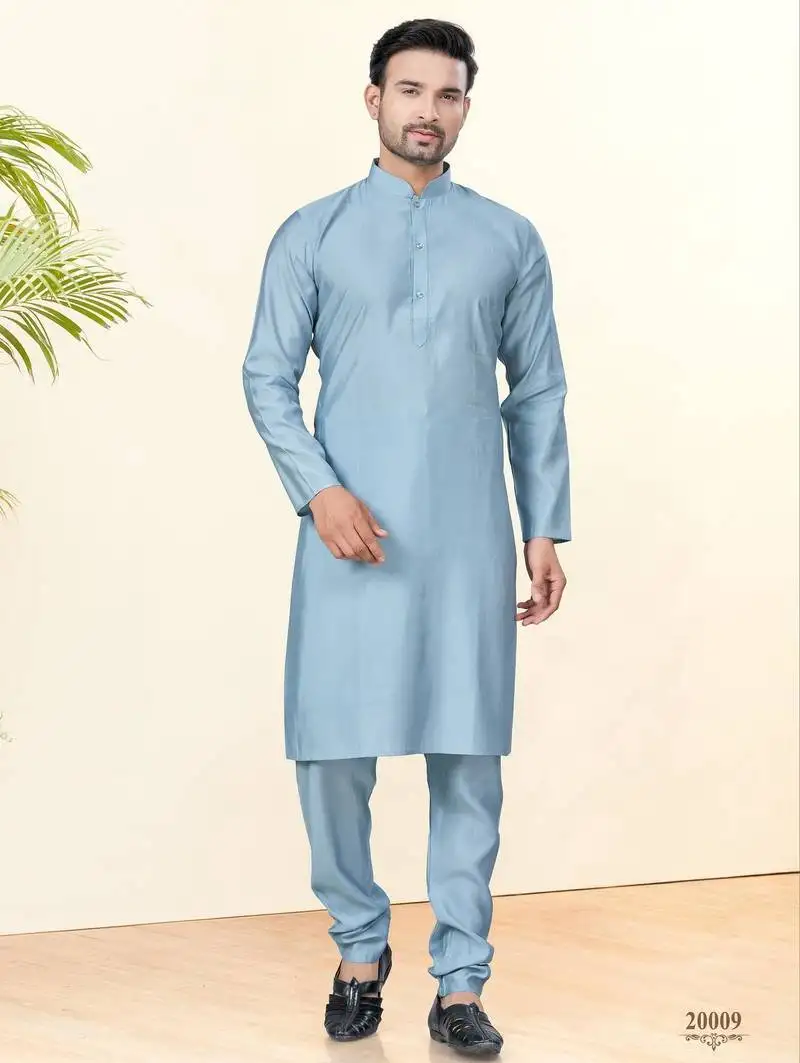 Blue silk plain kurta pyjama for mens wear