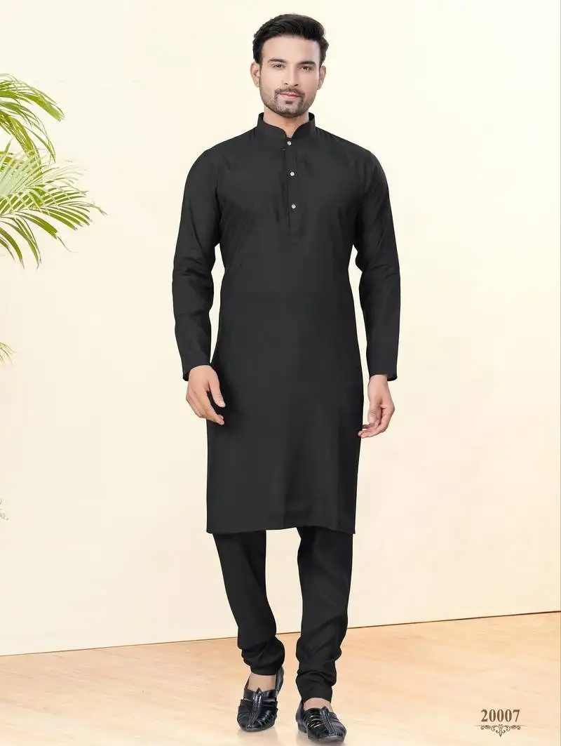 Black silk plain kurta pyjama for mens wear