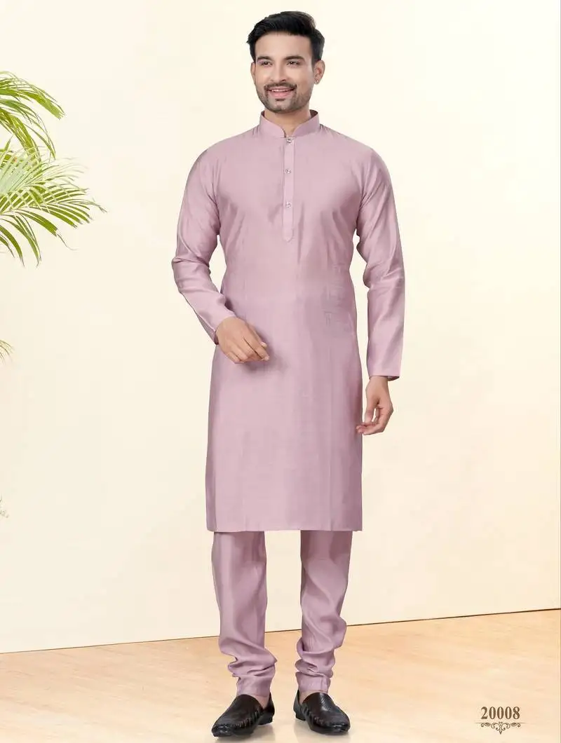 Pink silk plain kurta pyjama for mens wear