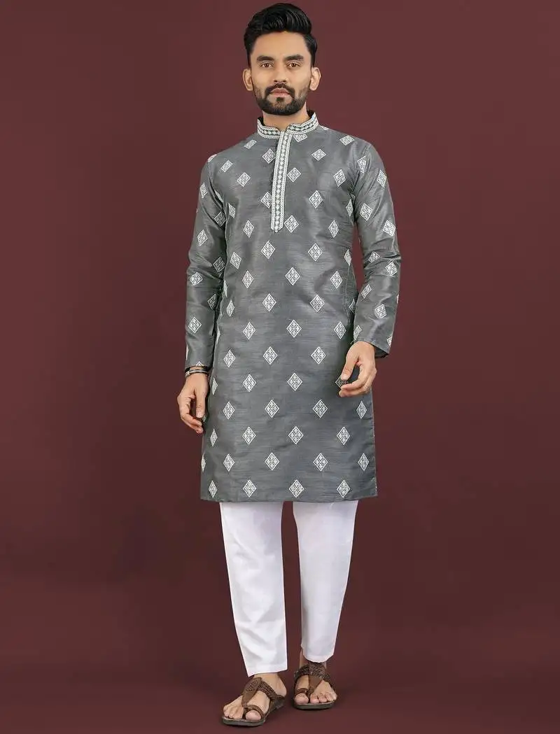 Grey embroidered silk straight kurta
