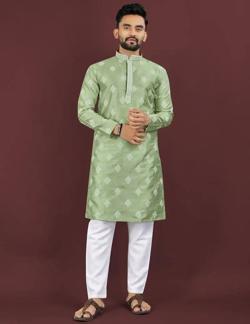 Green embroidered silk straight kurta