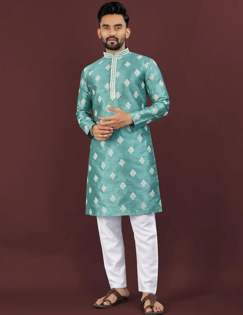 Blue embroidered silk straight kurta