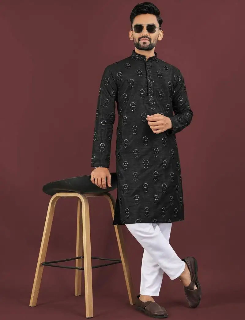 Black embroidered silk straight kurta