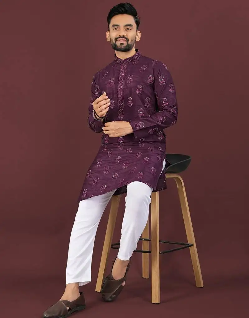 Purple embroidered silk straight kurta