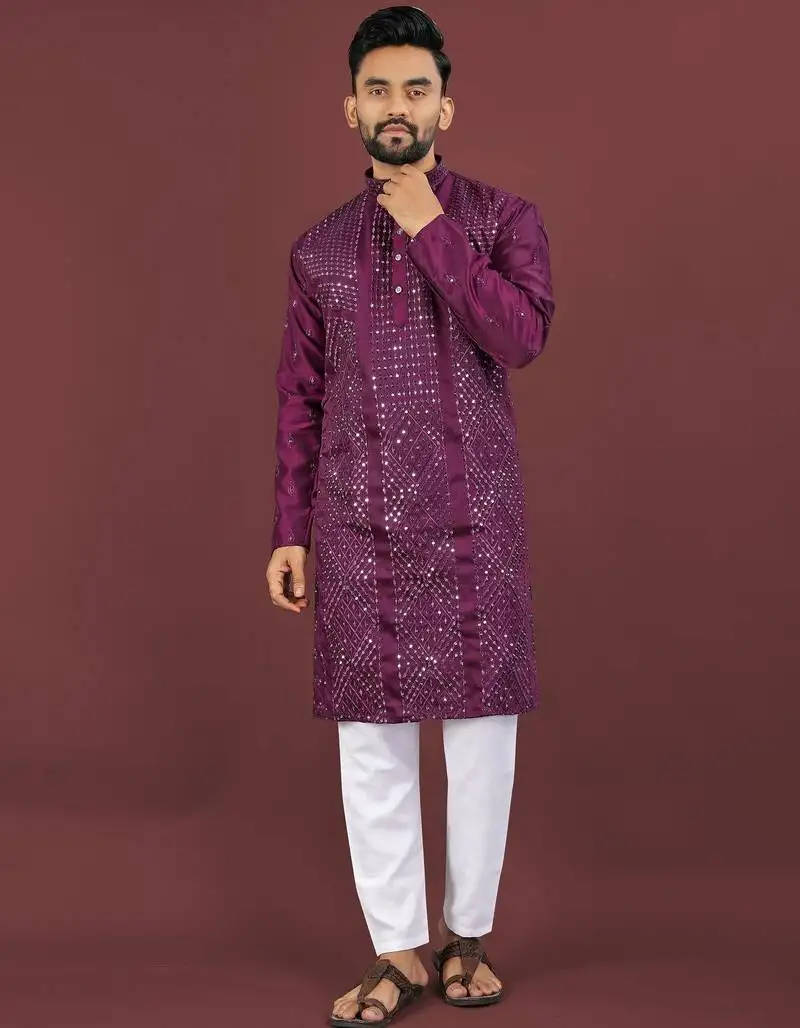 Puple embroidered silk straight kurta