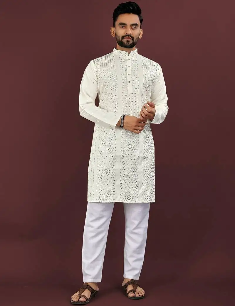 White embroidered silk straight kurta