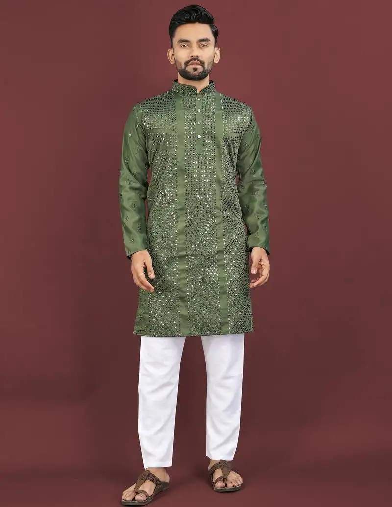 Dark green embroidered silk straight kurta