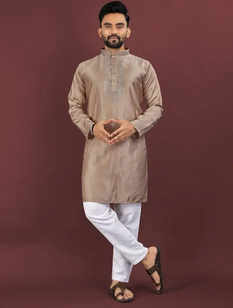 Brown embroidered silk straight kurta