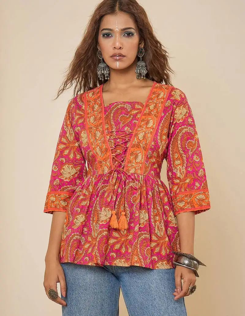 Pink cotton printed bodered peplum top