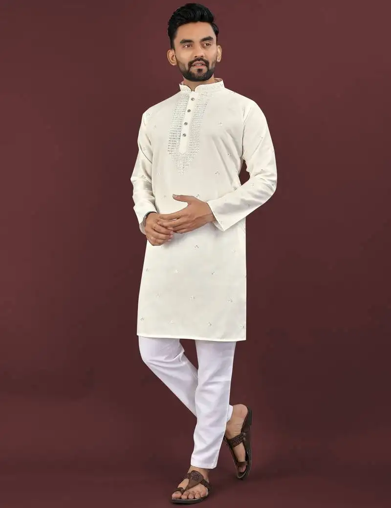 Beige embroidered silk straight kurta