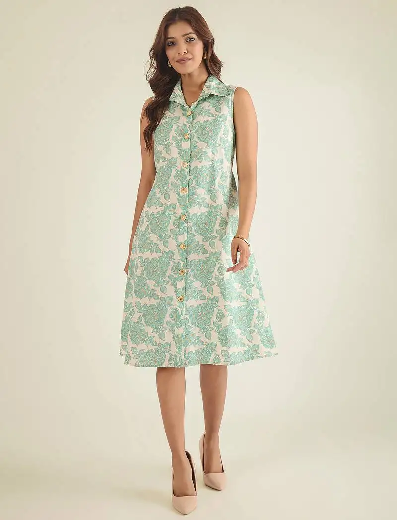 Off-white & green cotton floral print shirt dress