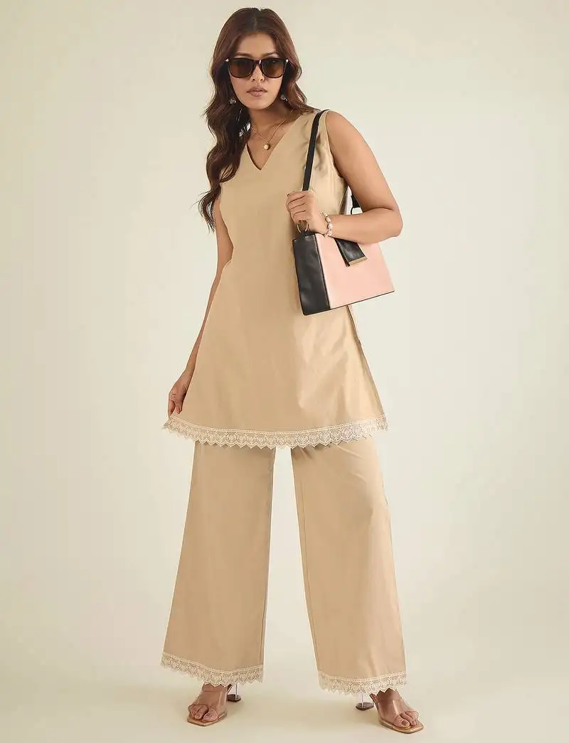 Beige cotton poplin lace detailed tunic with pant co-ord set