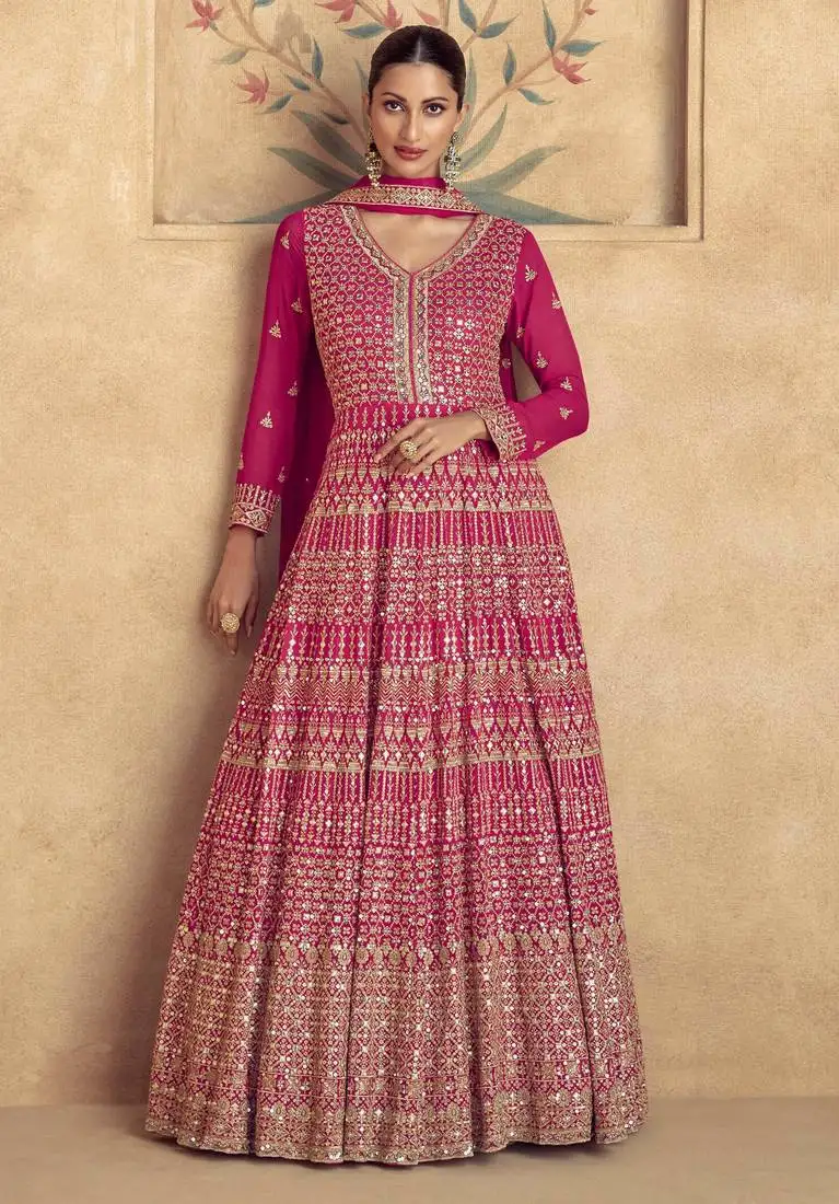 Pink embroidery & sequins goergette gown suit - full stitched suit