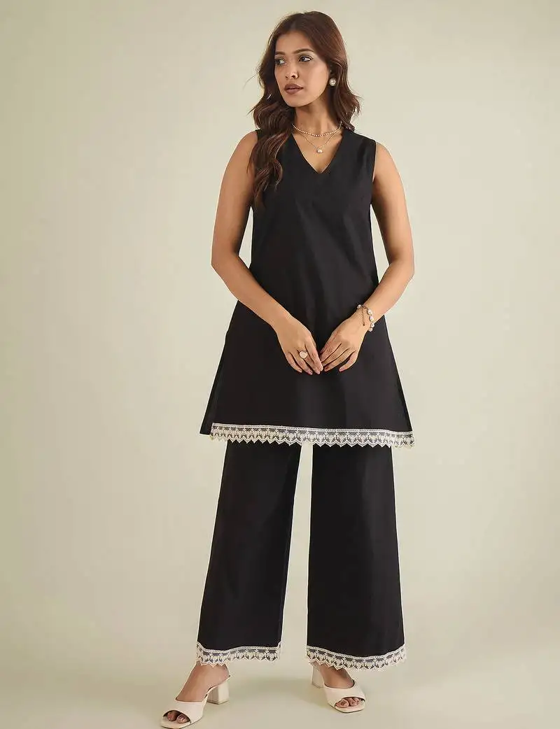 Women black cotton poplin lace detailed tunic with pant co-ord set