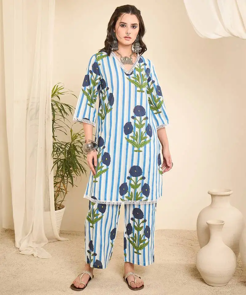 White striped floral printed cotton co-ord set