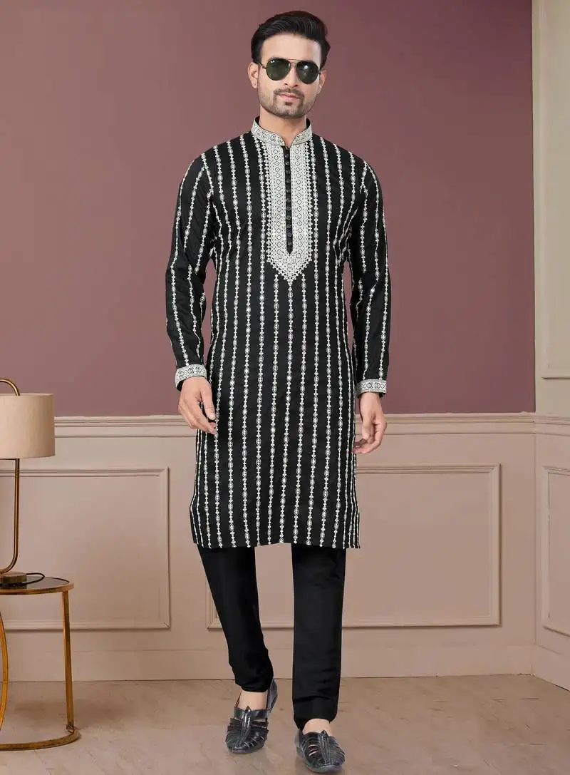 Black pure silk with embroidery and sequence work kurta pyjama for mens wear