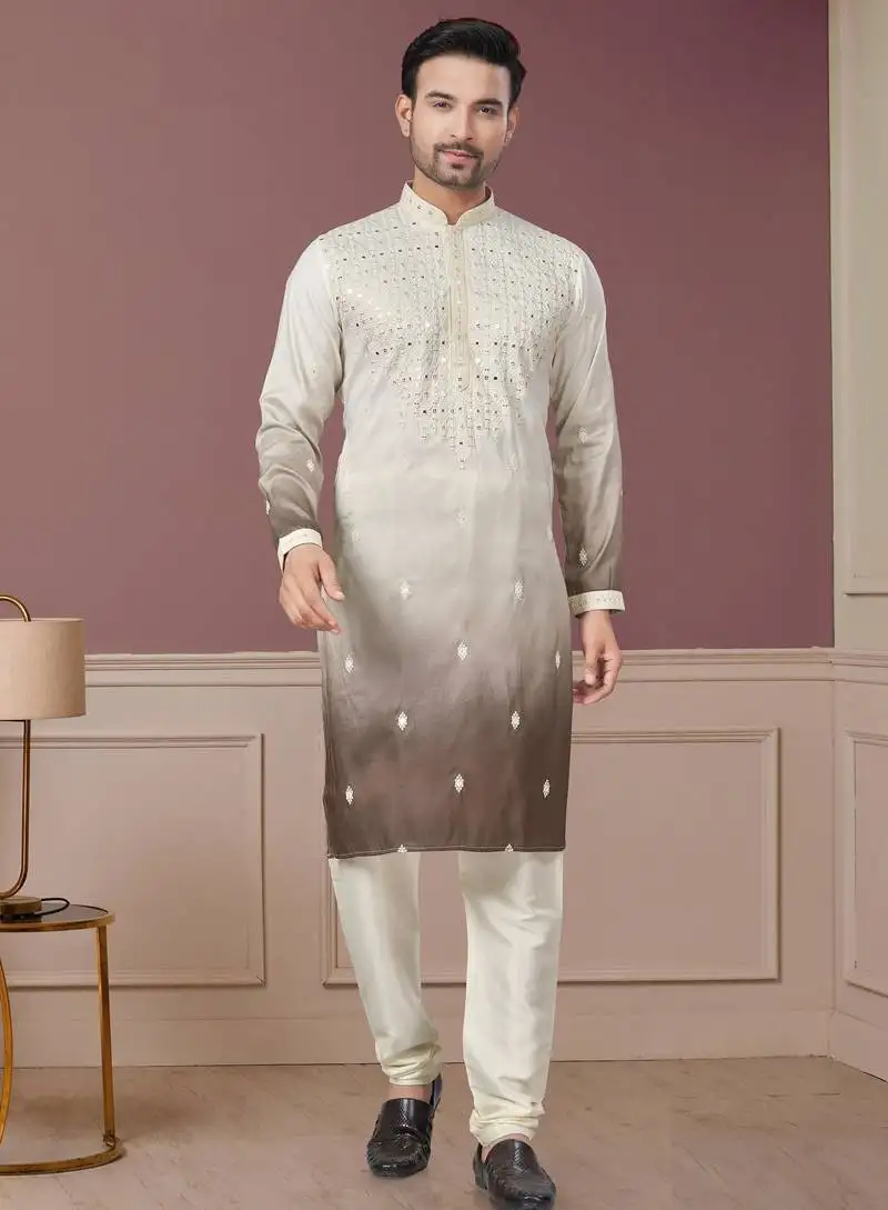 White and brown pure silk with embroidery and sequence work kurta pyjama for mens wear