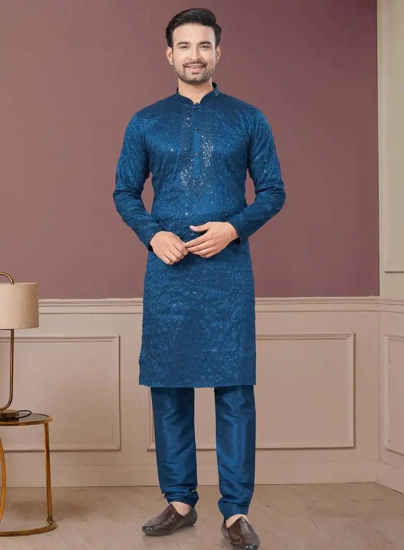 Blue pure silk with embroidery and sequence work kurta pyjama for mens wear