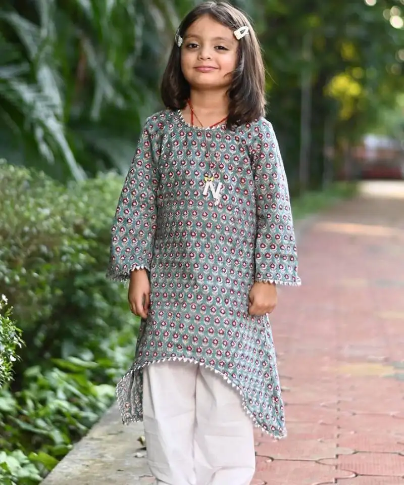 Teal cotton block print floral kurta salwar set for girls